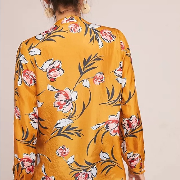 Anthropologie gold mustard floral long sleeve silk shirt M - Picture 5 of 10